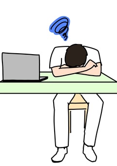 pcの前でうつ伏せ男性　カラー pc,デスクワーク,限界,仮眠,疲労,過労,男性,看護師,白衣,医療従事者のイラスト素材