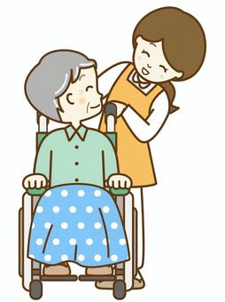 車椅子を押すヘルパーさん4 介護士,介護,介護福祉士,福祉,デイサービス,デイケア,サポート,ヘルパー,ケアマネ,理学療法士のイラスト素材