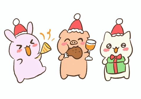 クリスマスパーティーを楽しむ動物イラスト クリスマス,キャラクター,動物,パーティー,サンタ帽子,チキン,プレゼント,クラッカー,うさぎ,豚のイラスト素材