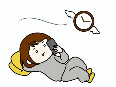 スマホを見続けて時間をムダにする女性 スマホ,休み,ヒマ,時間,ムダ,浪費,スマホ中毒,時計,ぐうたら,スウェットのイラスト素材