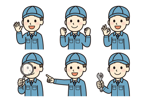 男性作業員ポーズいろいろセット 作業服,男性,バイバイ,ok,虫眼鏡,スパナ,現場監督,整備,建設作業員,指差しのイラスト素材