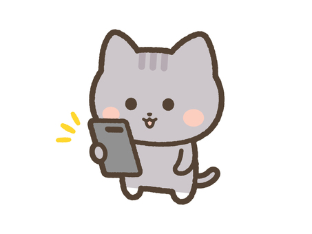 スマホを眺めるねこ（サバトラ） ねこ,スマホ,見る,気付く,眺める,携帯,スマートフォン,日常,表情,かわいいのイラスト素材