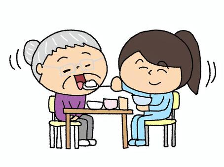 おばあちゃんの食事の介助 おばあちゃん,スタッフ,食事,介助,介護,pop調,手描き,挿絵,ワンポイントのイラスト素材