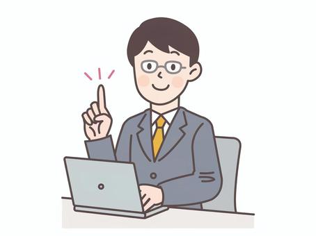 パソコンの前で指差しするビジネスマン1 会社員,人物,パソコン,男性,営業,スーツ,ビジネスマン,社会人,ビジネス,サラリーマンのイラスト素材