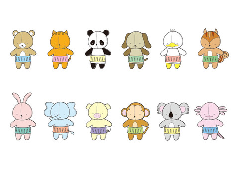 ちびぬいフトンぬい ちびぬい,腹巻き,ねんね,動物,くま,ねこ,パンダ,いぬ,アヒル,リスのイラスト素材