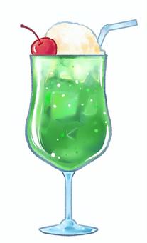 水彩風手描きクリームソーダ クリームソーダ,メロンソーダ,アイス,ソーダ,喫茶店,スイーツ,ドリンク,炭酸,水彩風,手描きのイラスト素材