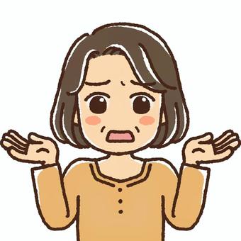 困り顔で肩をすくめている中年女性 女性,中年,40代,50代,おばさん,おばちゃん,人物,正面,上半身,かわいいのイラスト素材