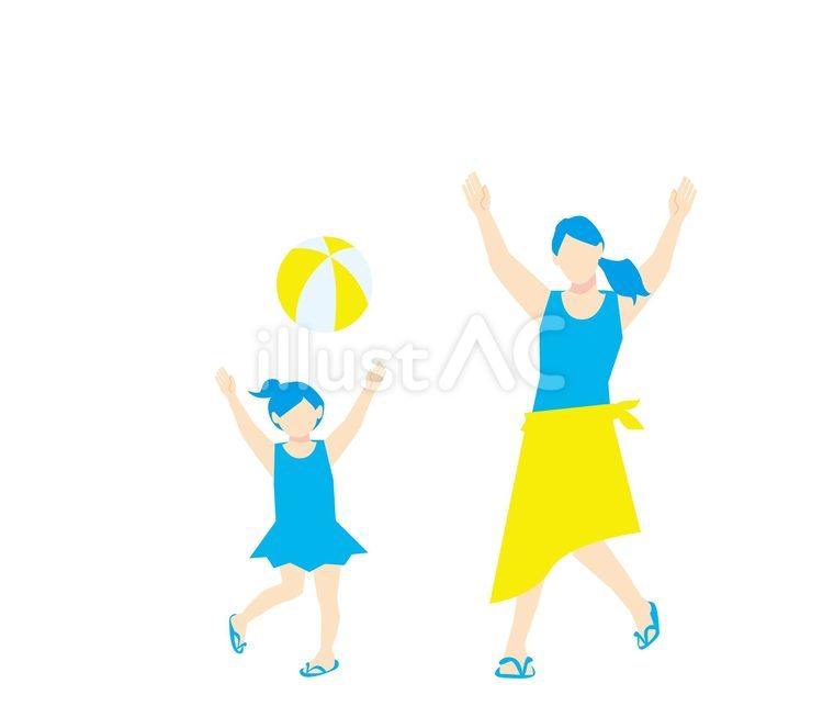ビーチボールで遊ぶ水着の母娘 海,遊ぶ,家族のイラスト素材