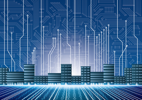 青色のデジタル回路と都市のイメージ素材 デジタル,サイバー,テクノロジー,電子回路,都市,ビル,オフィス,スタイリッシュ,青色,背景のイラスト素材