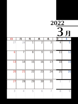 2022年純黑白日曆（豎）_三月, 日历, 简单, 2022年, JPG 和 PNG