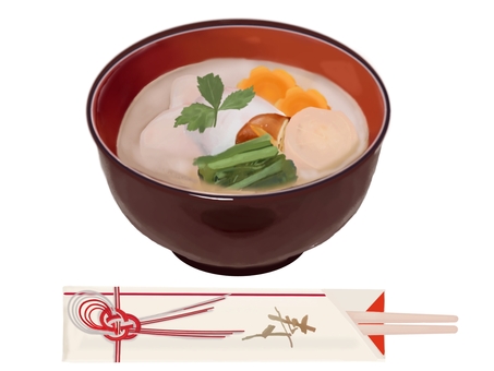 お雑煮26（白みそ）3（箸付き） お雑煮,雑煮,白味噌,箸,関西,餅,丸餅,お餅,正月,大根のイラスト素材