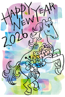 手描き＿NYcard＿01 手描き,クラフト,水彩,年賀状,午年,カラフル,おしゃれのイラスト素材