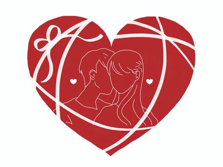 カップルイラスト ハート,カップル,イラスト,リボン,キス,バレンタイン,線画,顔なし,両思い,恋愛のイラスト素材