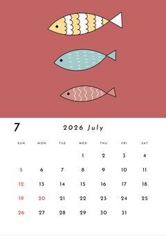 2026年 7月 カレンダー 2026年,7月,カレンダー,魚,おしゃれ,北欧,イラスト,手描き,素材,可愛いのイラスト素材