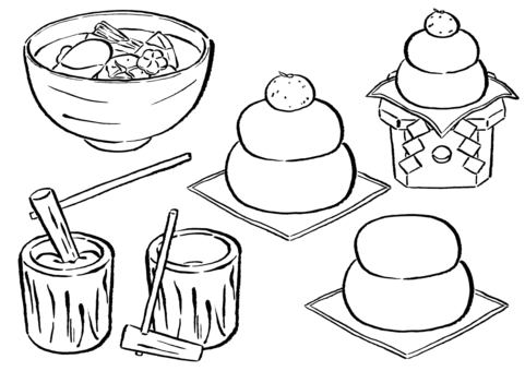 正月餅6種　墨筆 雑煮,鏡餅,餅つき,臼,お餅,杵,イベント,木製,冬,正月飾りのイラスト素材