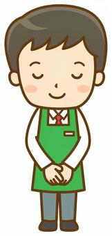 お辞儀するエプロン姿の男性店員 スーパー,スーパーマーケット,店員,店長,従業員,スタッフ,男性,エプロン,仕事,働くのイラスト素材