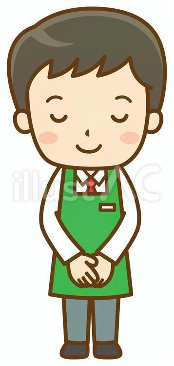 お辞儀するエプロン姿の男性店員 スーパー,スーパーマーケット,店員のイラスト素材