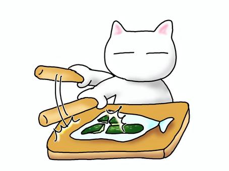 たたきキュウリを作るネコ たたきキュウリ,ネコ,麺棒,叩く,きゅうり,まな板,割る,調理,料理,工程のイラスト素材