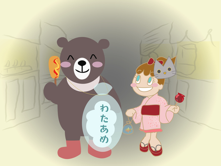 夏祭り 女の子,くま,夏祭り,りんご飴,金魚釣り,アメリカンドッグ,わたあめ,浴衣,お面,かわいいのイラスト素材