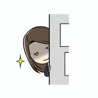 壁の向こうからニヤリと笑う会社員女性 のぞき見,のぞく,チラ見,にやり,笑う,ほくそ笑む,監視,見張る,表情,腹黒のイラスト素材