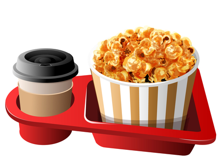 映画館のポップコーンとホットドリンク2 ポップコーン,キャラメルポップコーン,ホットドリンク,映画館,トレイ,料理,食べ物,お菓子,飲み物,カップのイラスト素材