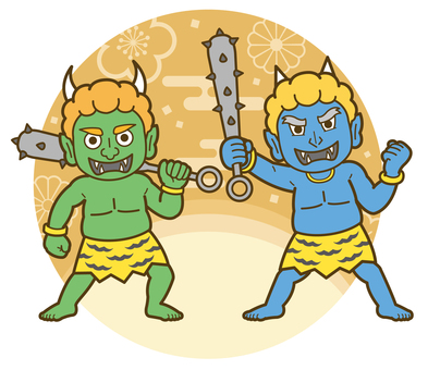 青オニと緑オニ（和柄背景）_26 鬼,節分,イラスト,おに,オニ,2月,青鬼,緑鬼,和柄,梅のイラスト素材