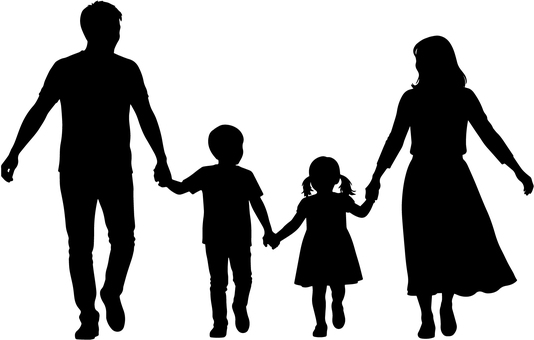 4人家族のシルエット 家族,4人,父親,母親,子ども,息子,娘,ファミリー,育児,子育てのイラスト素材