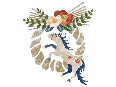 馬とツバキをあしらったしめ縄 馬,午年,干支,十二支,年賀状,しめ縄,新年,挨拶,お正月,和風のイラスト素材