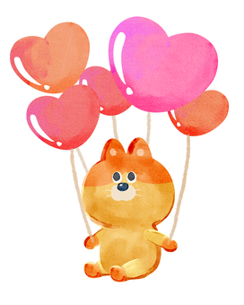 水彩画_ハートの風船で飛ぶ_02 猫,動物,手描き,水彩画,水彩,水彩風,水彩画風,パーティー,誕生日,祝うのイラスト素材