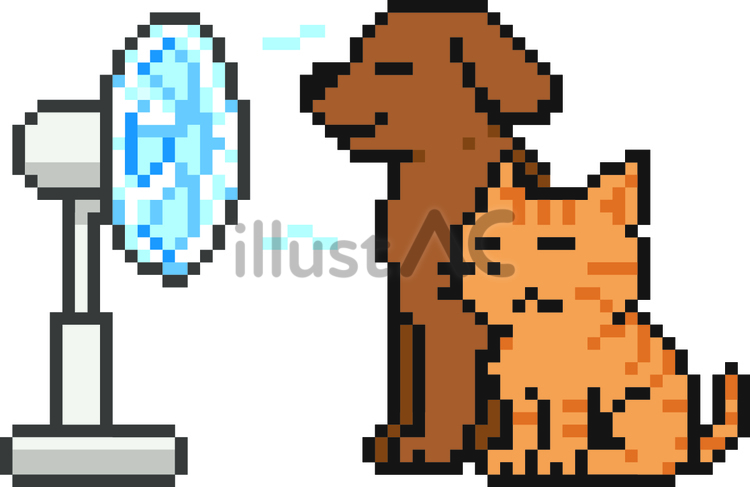 ドット絵の扇風機に当たる犬と猫です。 ドット絵,扇風機,犬のイラスト素材