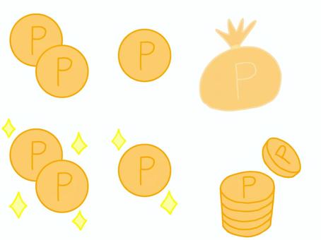 ポイントコインセット ポイント,お金,コイン,ポイ活,通過,マネー,袋,キラキラのイラスト素材