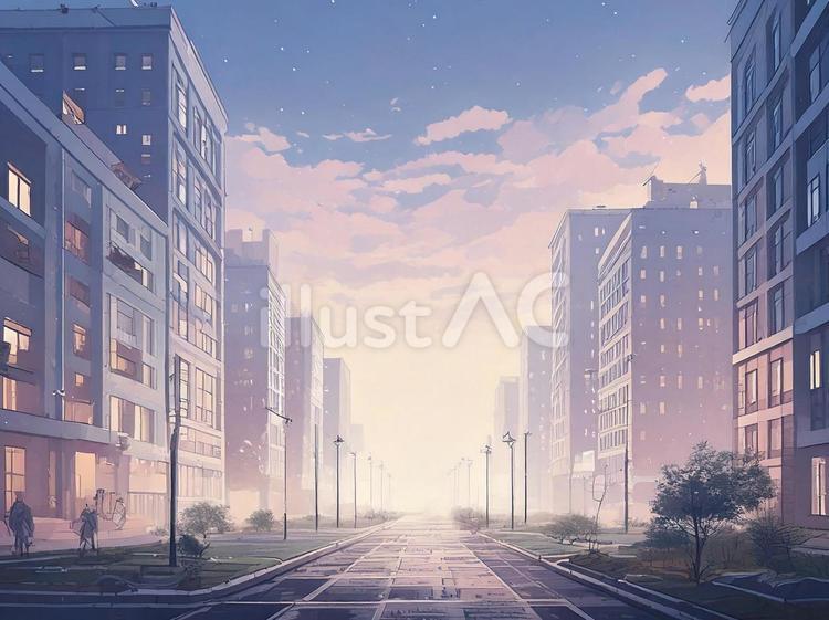 夕暮れの街並みの背景イラスト 夕暮れ,建物,道のイラスト素材