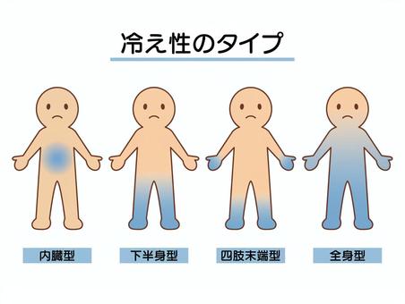 冷え性　4タイプ　文字有 冷え性,寒がり,冷え,四肢末端型,下半身型,全身型,内蔵型,自立神経,基礎代謝,体質のイラスト素材
