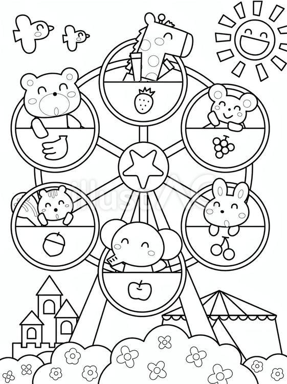 観覧車と動物たちの塗り絵 塗り絵,かわいい,遊園地のイラスト素材