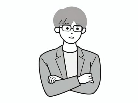 話を聞き悩み考える働く男性A／白黒 腕組み,聞く,考える,男性,お父さん,会社員,アドバイザー,20代,30代,40代のイラスト素材