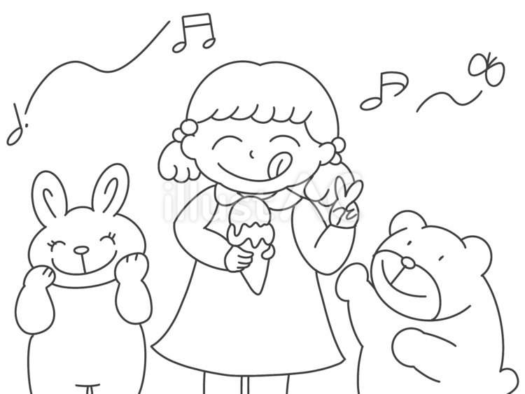 アイスクリームを持つ女の子のぬりえ 女の子,アイスクリーム,笑顔のイラスト素材