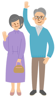 手を振る老夫婦 老夫婦,夫婦,老人,60代,70代,元気,男性,女性,おじいさん,おばあさんのイラスト素材