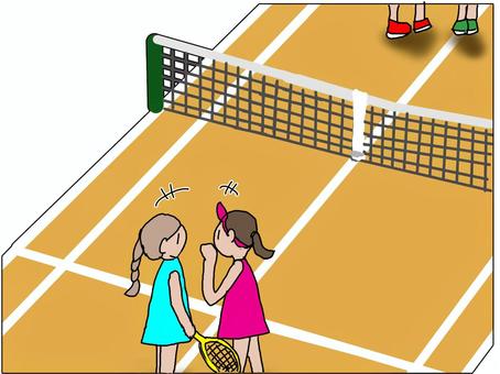 テニスの女ダブ テニス,女子ダブルス,作戦,ペア,相談,会話,試合,ゲーム,テニスコート,選手のイラスト素材
