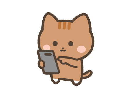 スマホを操作するねこ（茶トラ） ねこ,スマホ,操作,触る,携帯,スマートフォン,日常,表情,かわいい,ゆるいのイラスト素材