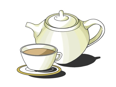 紅茶のティーカップとティーポットのセット ティーポット,紅茶,ブレイクタイム,カフェ,喫茶店,飲み物,ティーセット,一息,蓋,おもてなしのイラスト素材