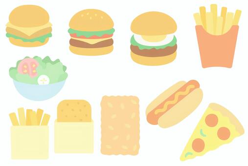 ファーストフード フィシュバーガー,ハンバーガー,月見バーガー,ポテトフライ,フレンチフライ,サラダ,ハッシュドポテト,骨なし,フライドチキン,ホットドッグのイラスト素材