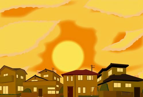 夕日住宅地 夕日,住宅地,夕方,夕暮れ,民家,町中,建物,屋根,窓,風景のイラスト素材