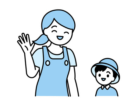 エプロン姿の女性と子ども03 人物,女性,20代,30代,40代,子ども,親子,保育士,幼稚園教諭,幼稚園のイラスト素材