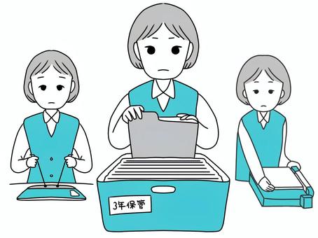 アナログな事務の仕事をする女性社員 アナログ,古い,事務,オフィスワーク,書類綴じ,綴る,裁断,ファイルを探す,管理,ファイルのイラスト素材