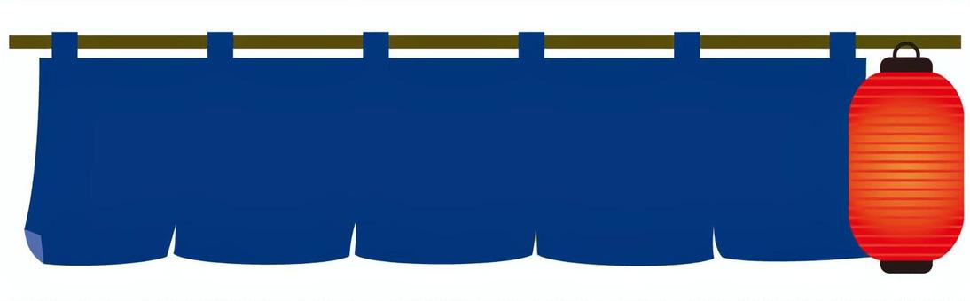和風横長無地の藍色暖簾と赤提灯2 のれん,無地,横長,提灯,飾り,タイトル,和風,藍色,お店,看板のイラスト素材