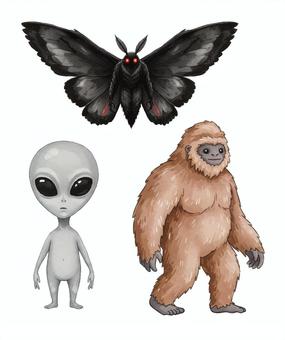 UMA(グレイ・モスマン・ビッグフット) uma,宇宙人,グレイ,モスマン,ビッグフット,都市伝説,ホラー,オカルト,伝承のイラスト素材