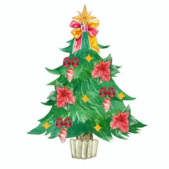 【水彩】クリスマスツリー2 ツリー,モミの樹,モミノキ,クリスマスツリー,リボン,プレゼント,オーナメント,デコレーション,装飾,飾りのイラスト素材