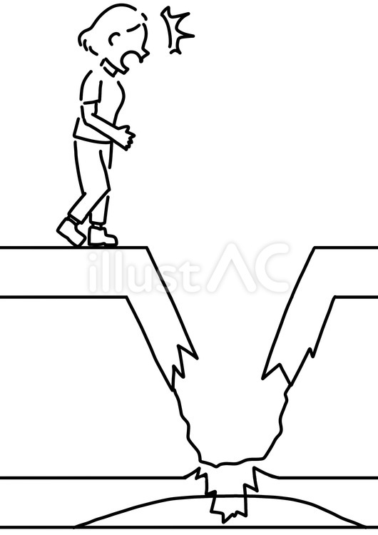 目の前の道路陥没に驚く女性　線画 道路,陥没,ビックリのイラスト素材