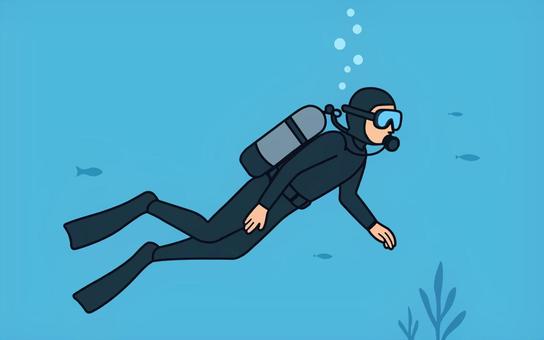 ダイビングする人　背景あり ダイバー,潜水,水中,海底,ウェットスーツ,ゴーグル,酸素ボンベ,フィン,海藻,魚のイラスト素材