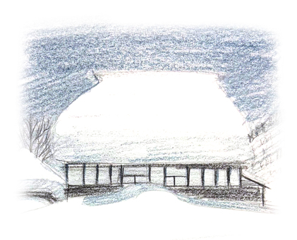 色鉛筆のスケッチ風景8 藁葺き屋根,日本家屋,古民家,白川郷,合掌造り,スポット,家,木,山,自然のイラスト素材